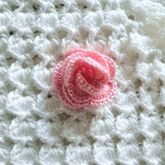 Handmade Crocheted White Girls OS Poncho Collar Cape Poncho Pink Rose Roll Neck - Picture 5 of 7